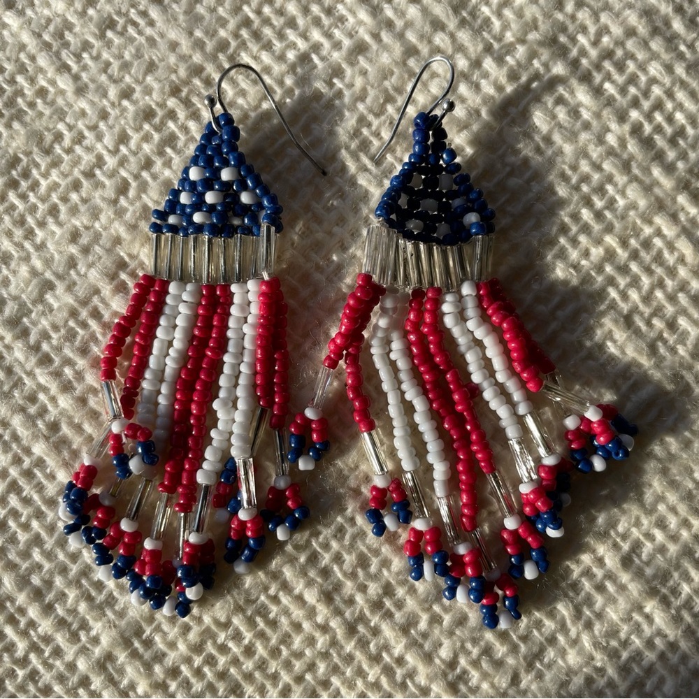 Red, white and blue 3” seed + bugle bead fringe earrings